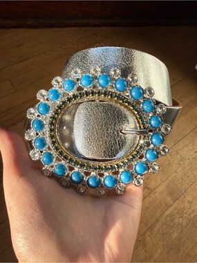 AMSTERDAM HERITAGE LUXE Genuine Leather Belt Metallic Silver Rhinestone Buckle